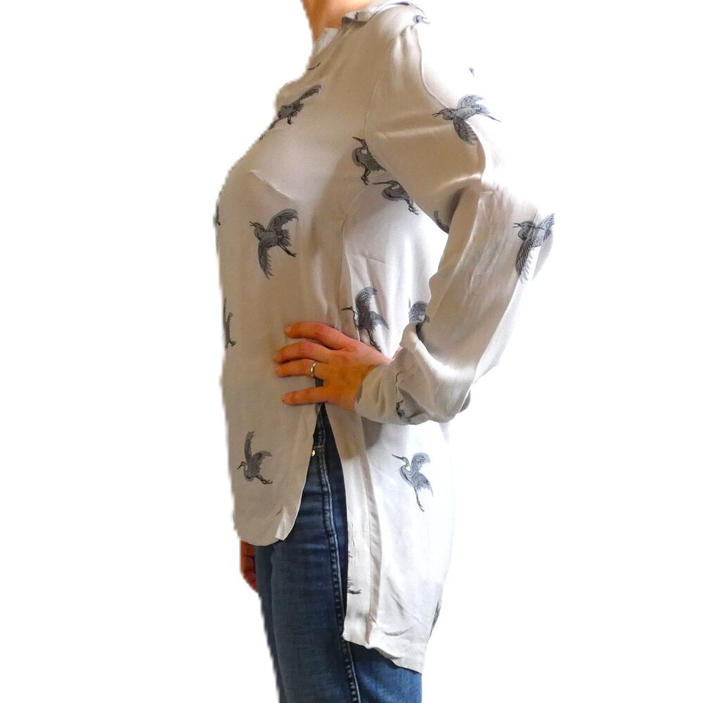 Great Plains Blouse Women Size S Gray Cranes Birds Designer Top Long Sleeve - Picture 4 of 10